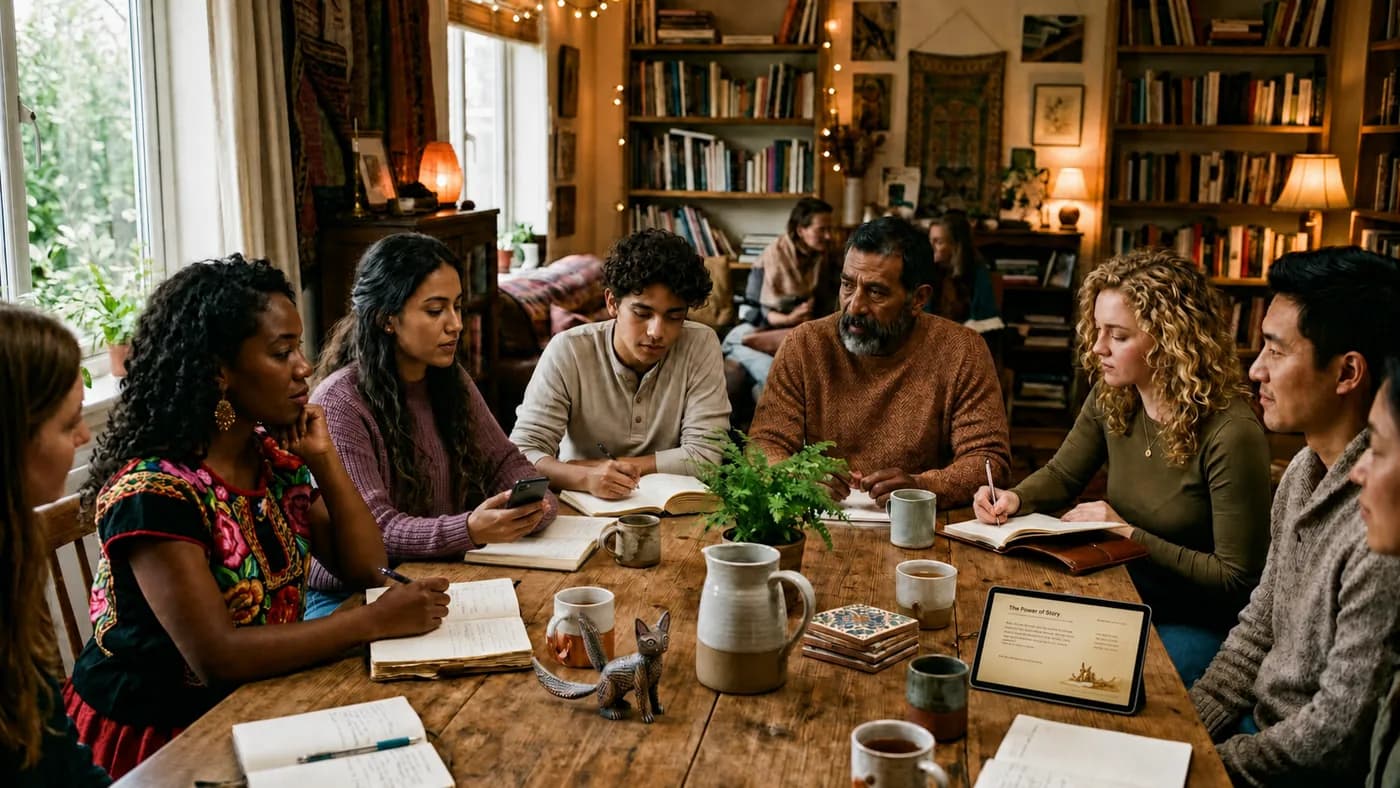 Personas adultas estudiando juntas alrededor de una mesa de madera, con libretas, café y una tableta
